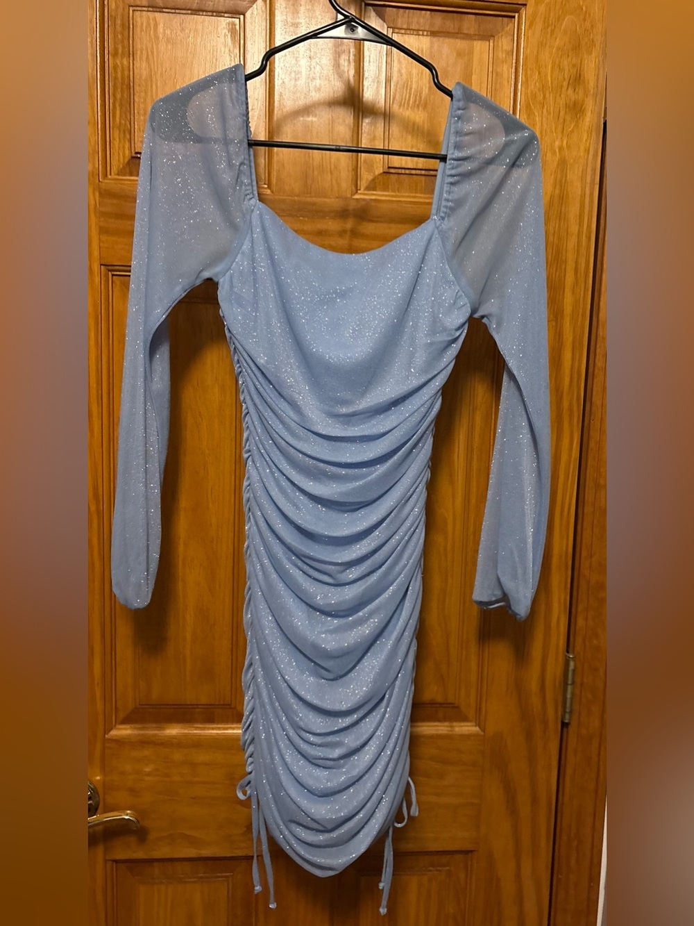 Sparkle Ruched Blue Long-Sleeve Bodycon Dress- size Small
